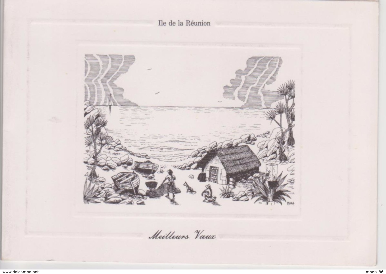 974 ILE DE LA REUNION  - Carte De Voeux  En Deux Volets Avec Une Photo De La  PLAGE ET FILAOS - BOUCAN CANOT - Saint Paul