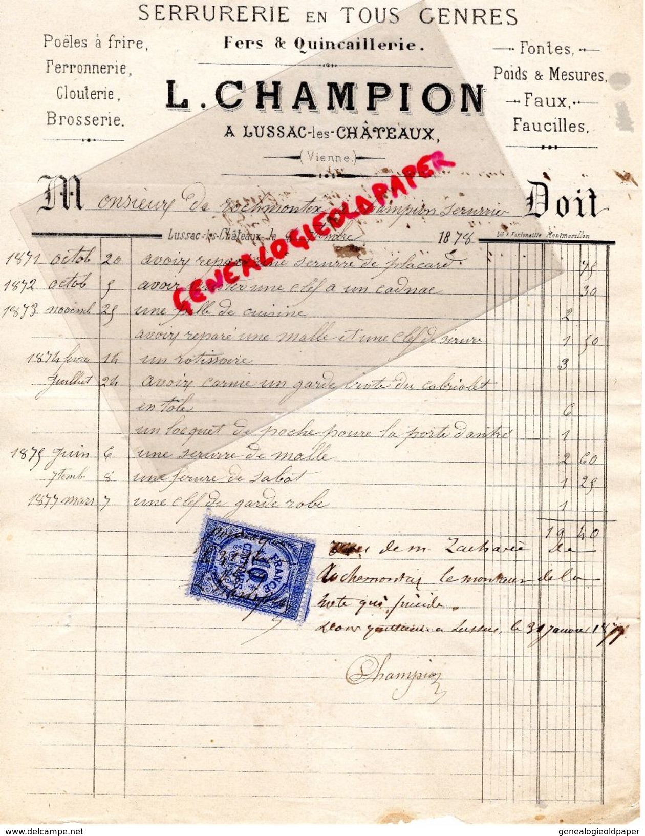 86- LUSSAC LES CHATEAUX- RARE LETTRE MANUSCRITE SIGNEE L. CHAMPION-SERRURERIE QUINCAILLERIE-FERRONNERIE-1878 - 1800 – 1899