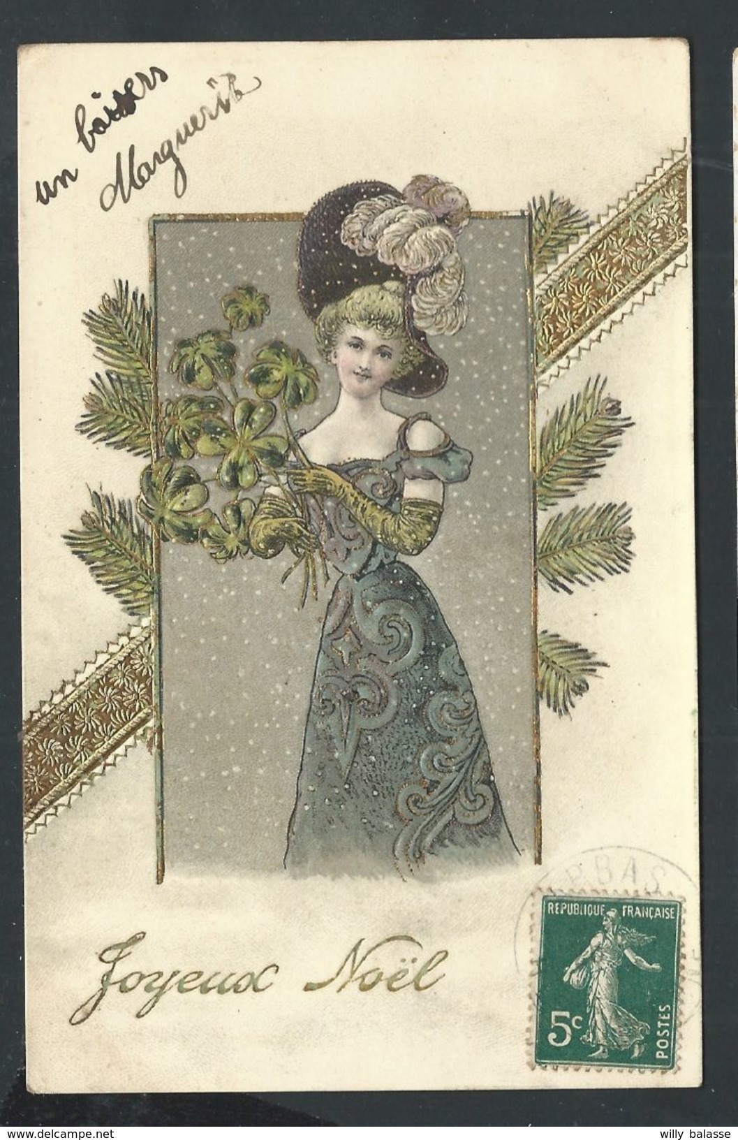 +++ CPA - Fantaisie - Voeux - Joyeux Noël - Embossed - Relief - Gaufrée - Femme - Trèfle - Dorure  // - Autres & Non Classés