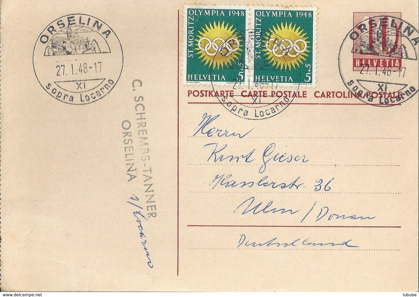 PK 154y  Orselina - Ulm            1948 - Entiers Postaux