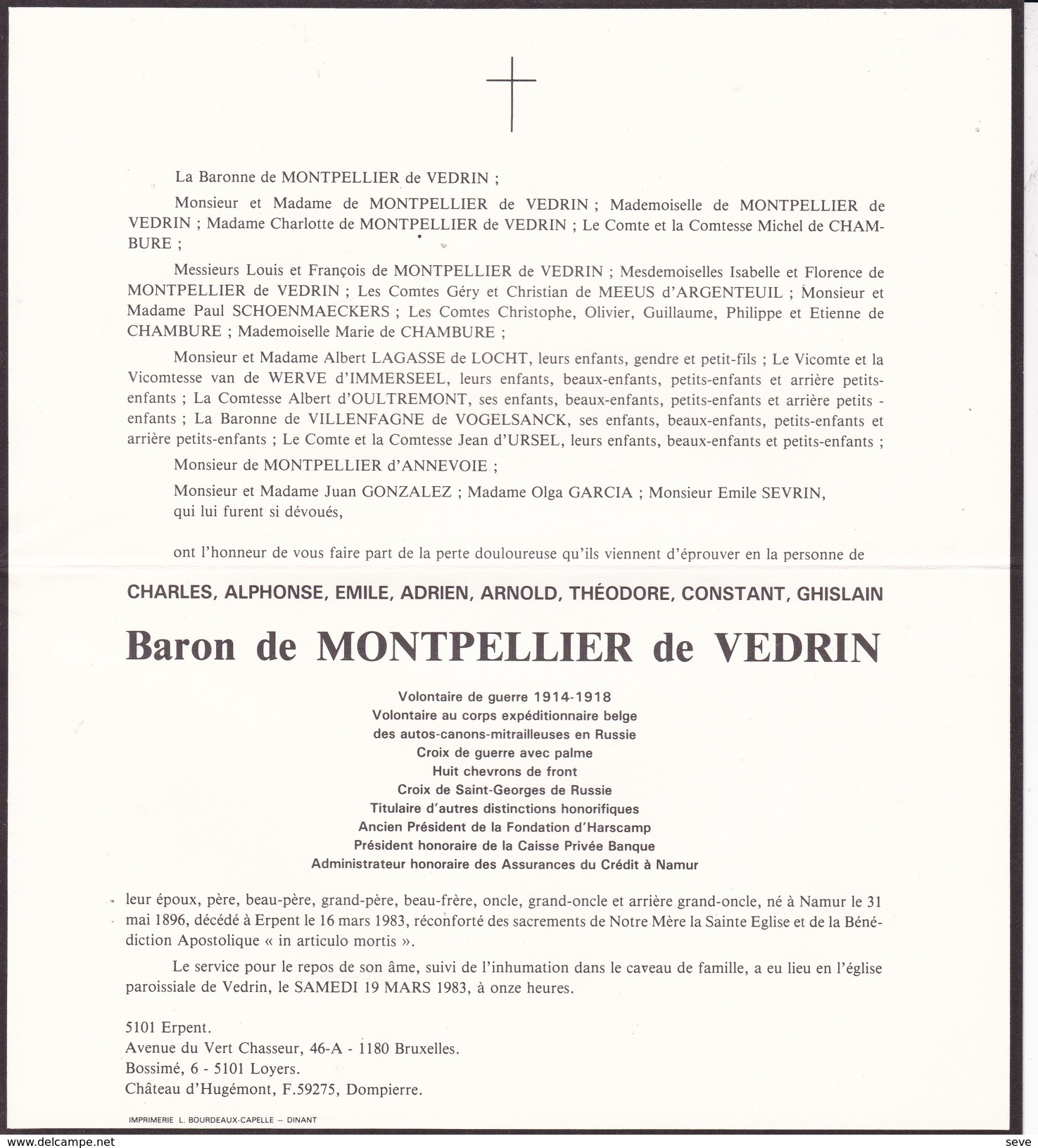 14-18 Corps Expéditionnaire Belge Russie Charles Baron De MONTPELLIER De VEDRIN Namur 1896 Erpent 1983 - Esquela