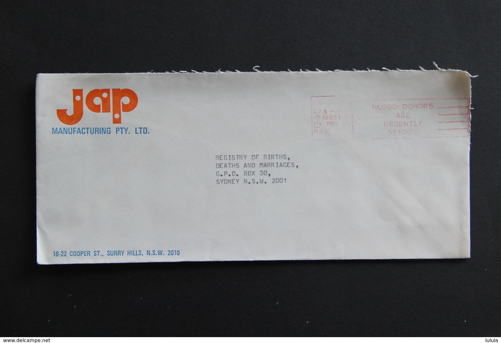 JAP Advertising Blood Donors Slogan Postage Paid Commercial Cover 1980 NSW - Storia Postale