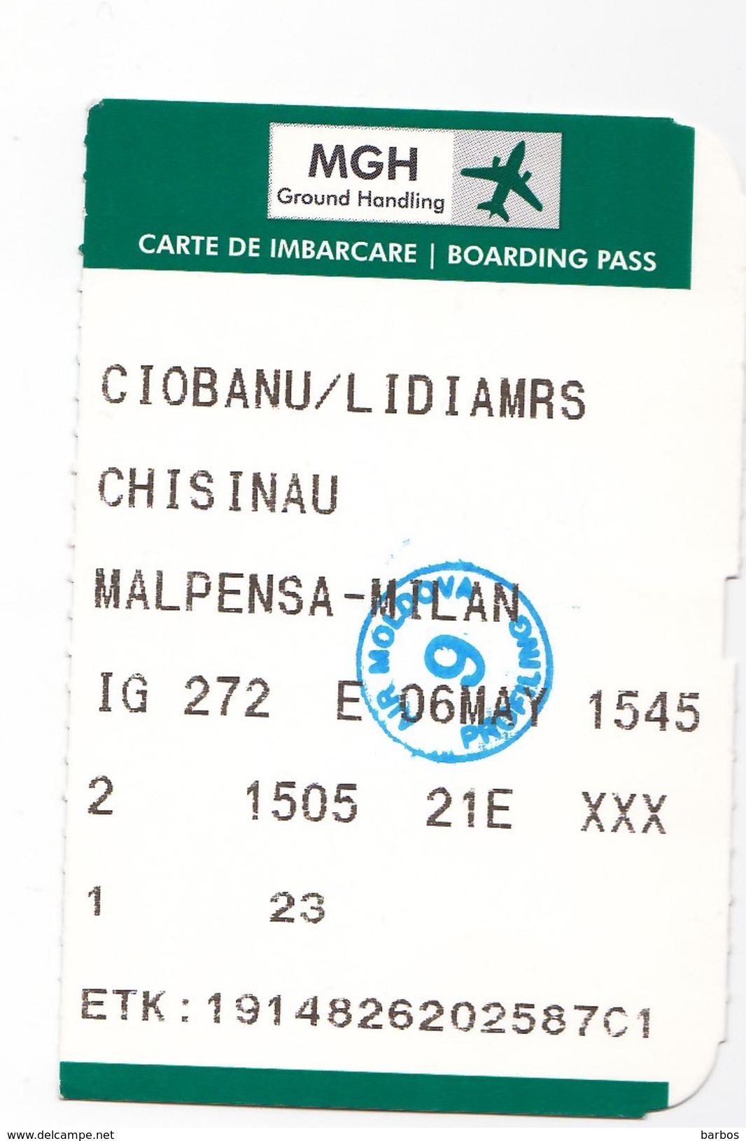 2015  , Avion Ticket , Boarding Pass.,  Chisinau -  Malpensa  ,Milano, Used - Europa