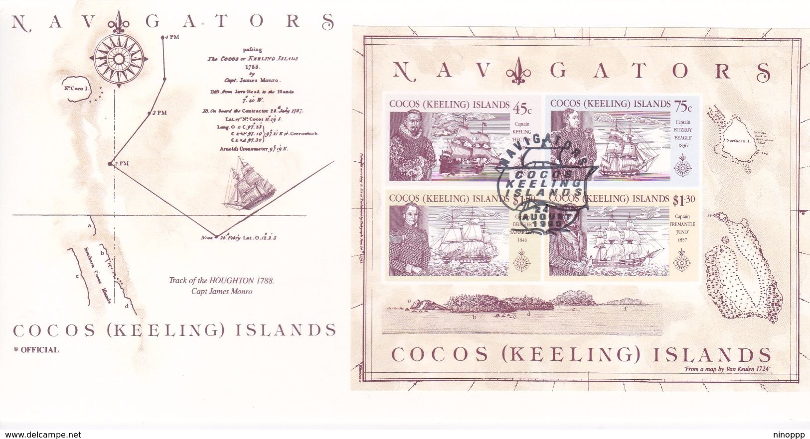 Cocos (Keeling) Islands 1990 Navigators Miniature Sheet Postmarked On Card - Cocos (Keeling) Islands