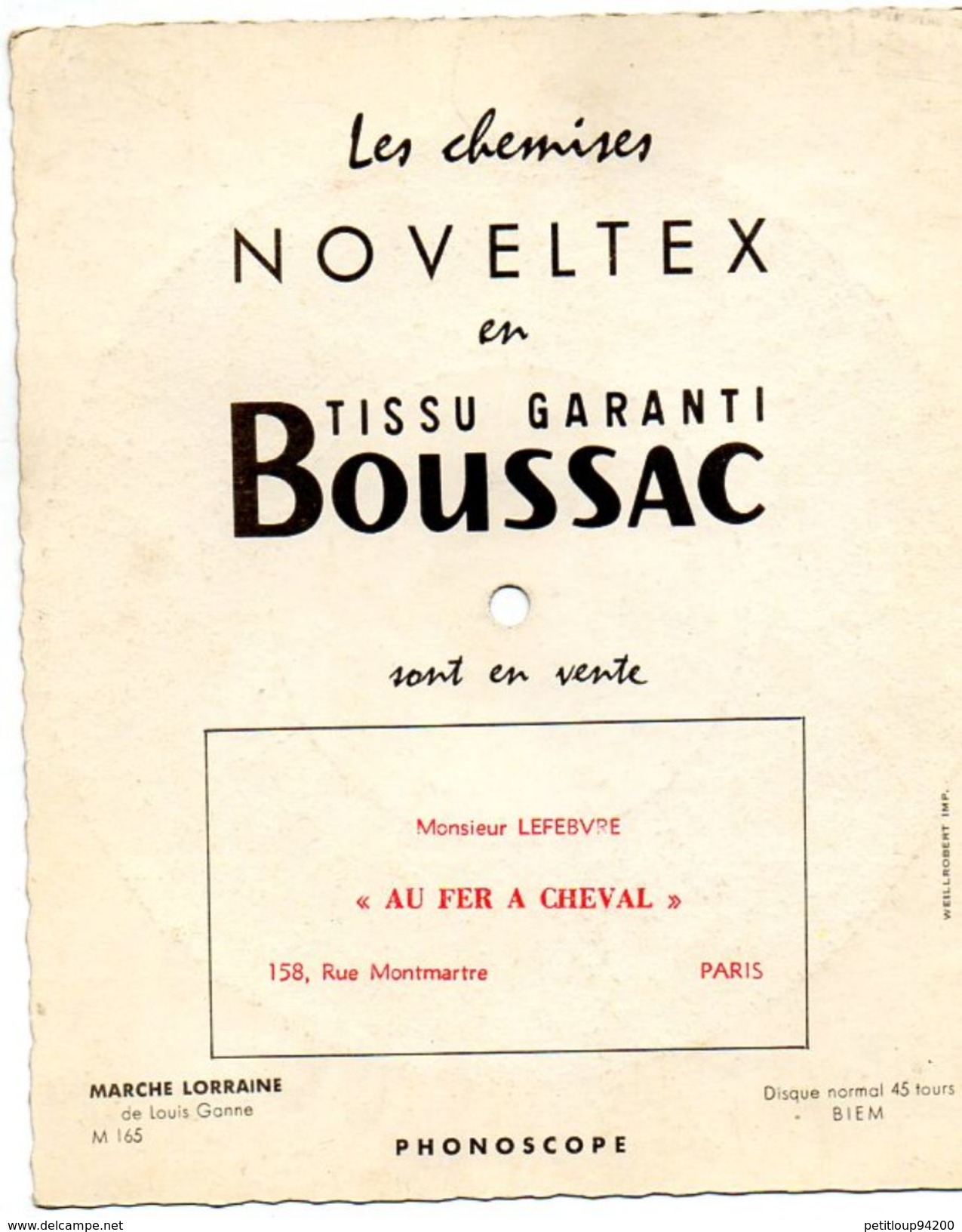 *PLAQUE PUBLICITAIRE *DISQUE SOUPLE BOUSSAC Noveltex AU FER A CHEVAL 45 Tours PHONOSCOPE  Marche Lorraine LOUIS GANNE - Plaques En Carton