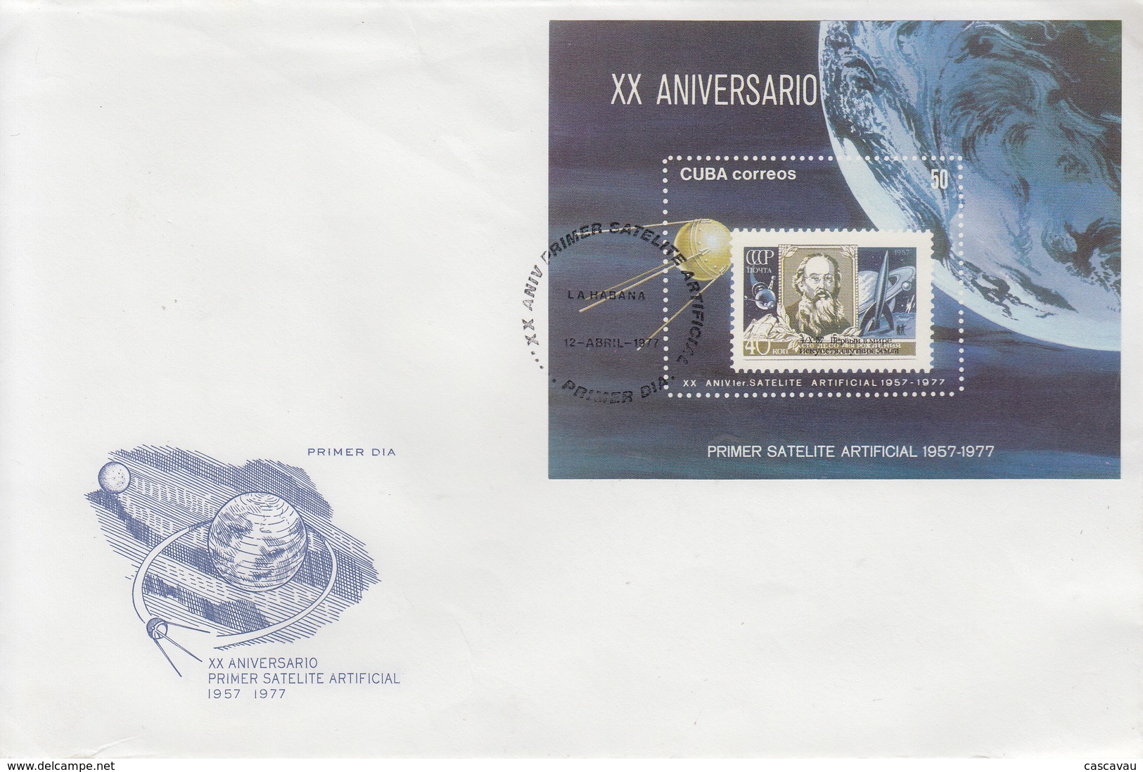 Enveloppe  FDC   1er  Jour  CUBA    Bloc  FEUILLET  20éme  Anniversaire  1er  Satellite   Artificiel   1977 - FDC