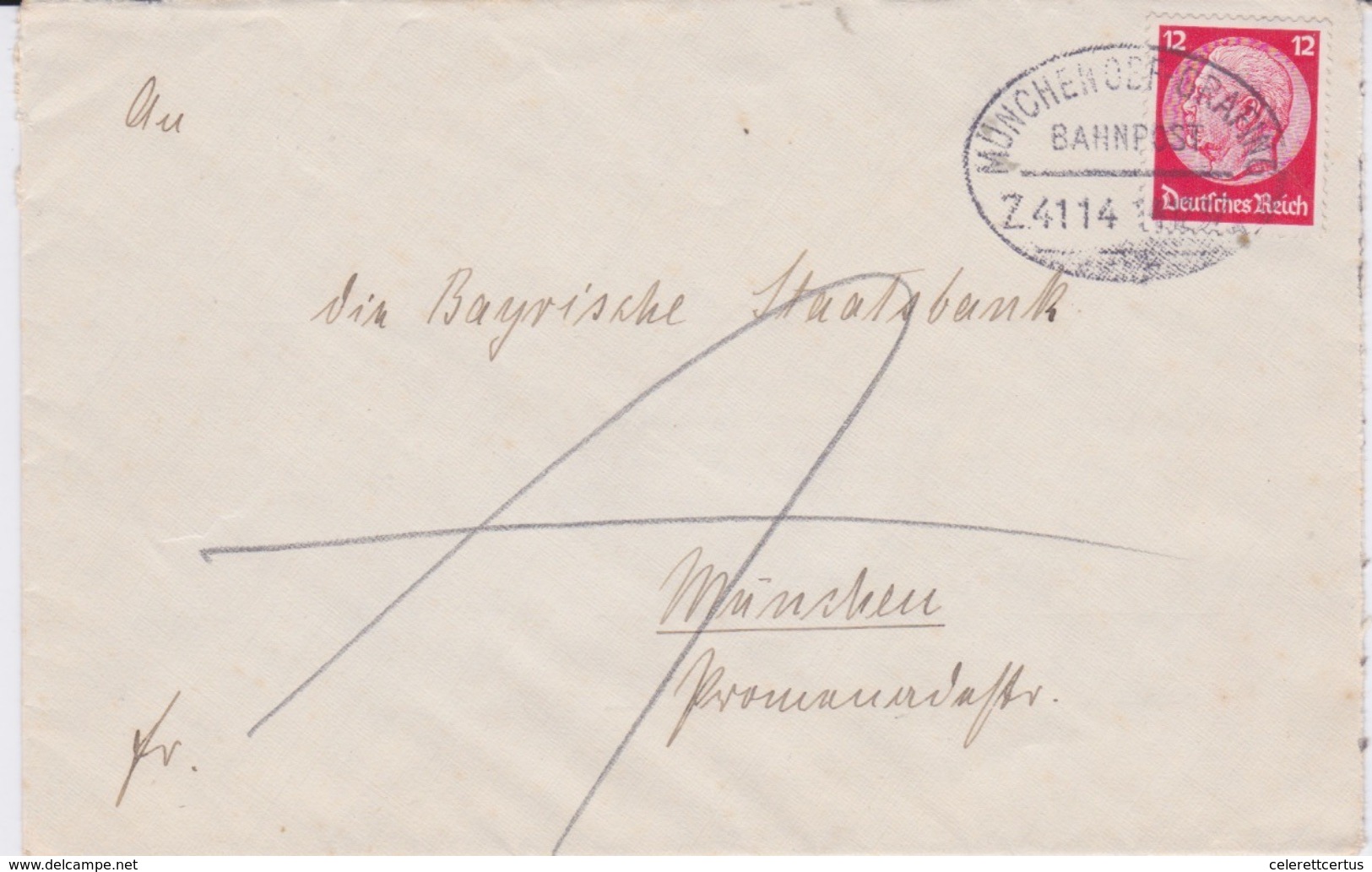 Germany-1937 12 Pf Red On Railway Traveling Post Office Muncher Off-Grafing Bahnpost Z 4114 Cover To Munich - Storia Postale