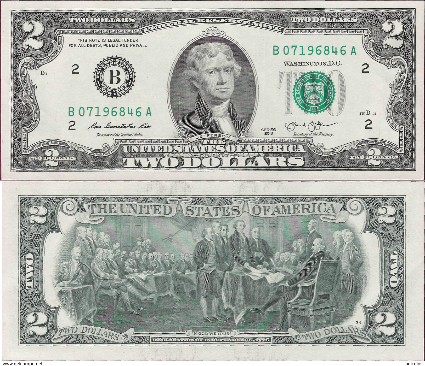 USA 2013 - 2 Dollars - Seria B - Pick NEW UNC - Federal Reserve Notes (1928-...)