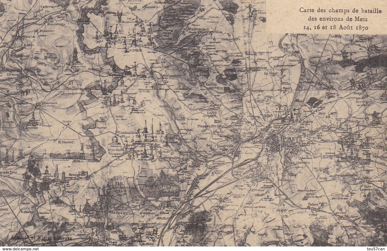 METZ - MOSELLE - (57) -  PEU COURANTE CPA CARTE DES CHAMPS DE BATAILLE D'AOÛT 1870. - Other Wars