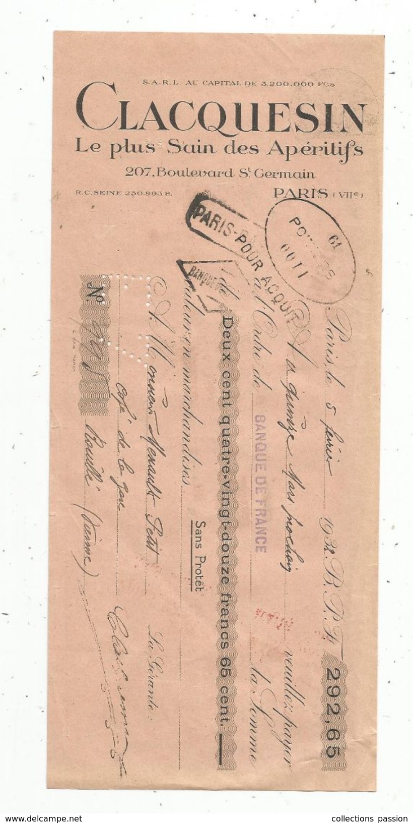 Billet à Ordre , CLACQUESIN , Apéritifs , Paris ,1932  , 2 Scans  Frais Fr : 1.45 E - Bills Of Exchange