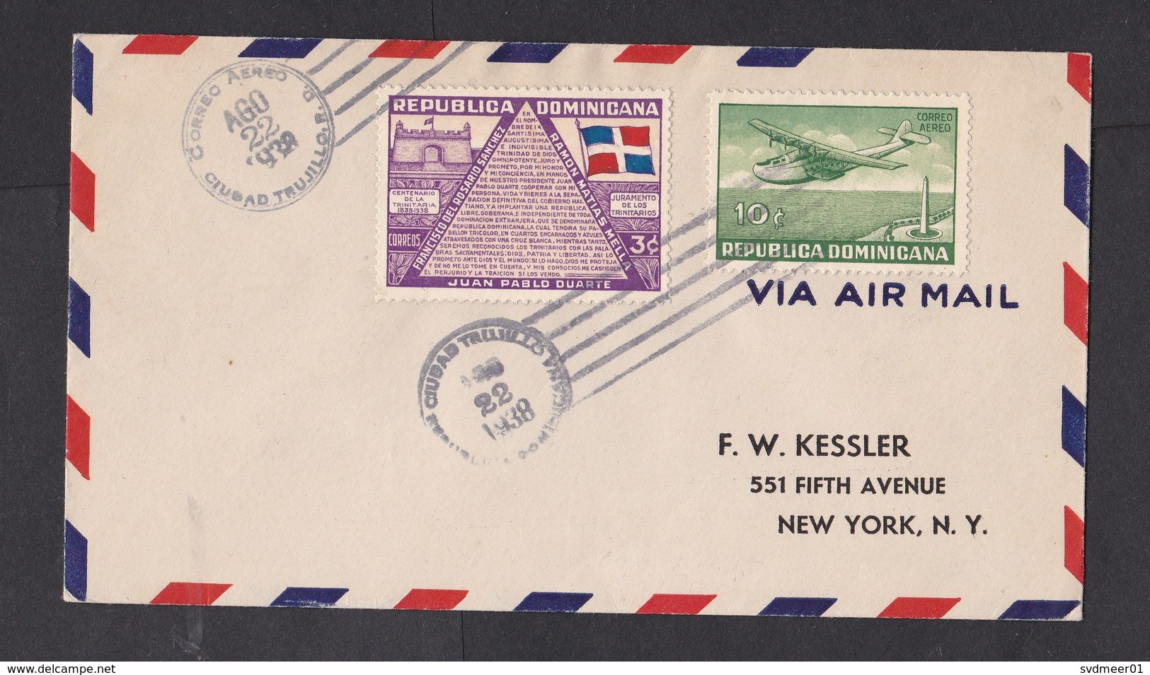 Dominican Republic: Airmail Cover To USA, 1938, 2 Stamps, Water Airplane, Aviation, History, Flag (minor Damage At Back) - Dominicaanse Republiek