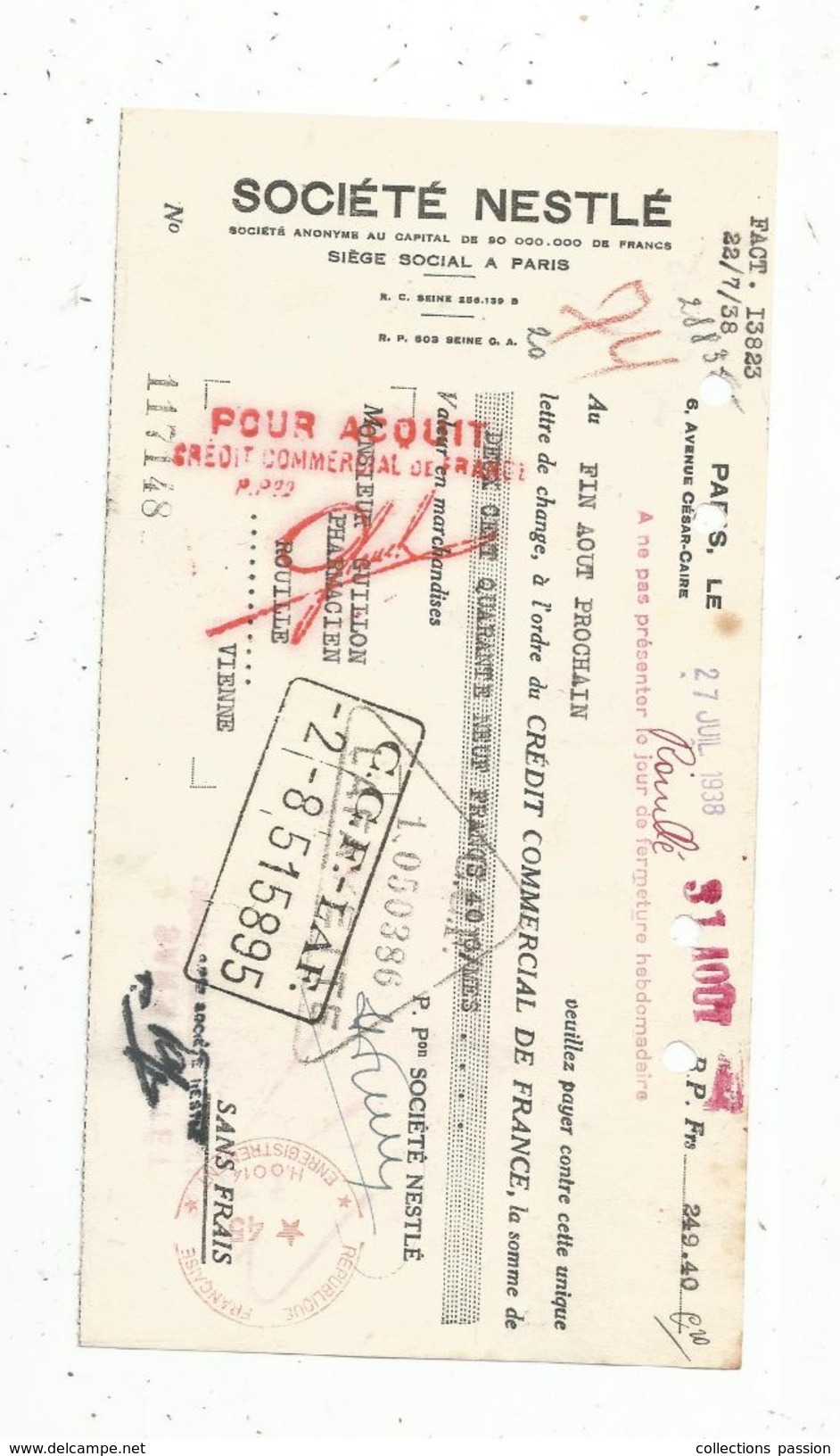 Lettre De Change , 1938 , SOCIETE NESTLE , Paris ,2 Scans , Frais Fr : 1.45 E - Bills Of Exchange