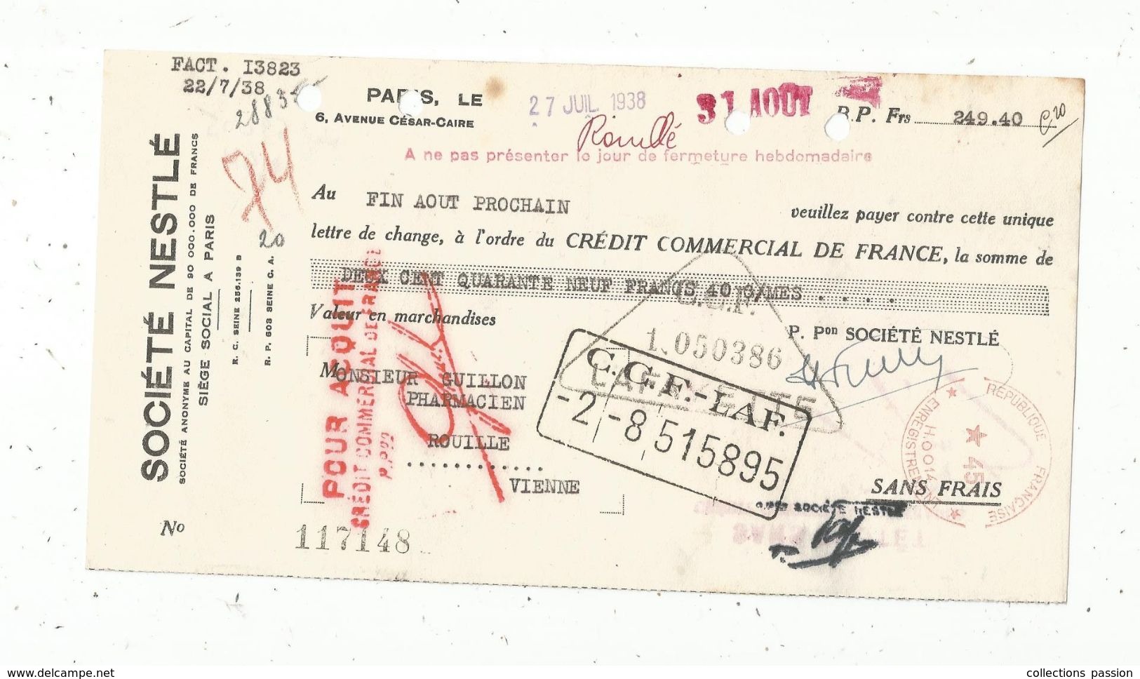 Lettre De Change , 1938 , SOCIETE NESTLE , Paris ,2 Scans , Frais Fr : 1.45 E - Letras De Cambio