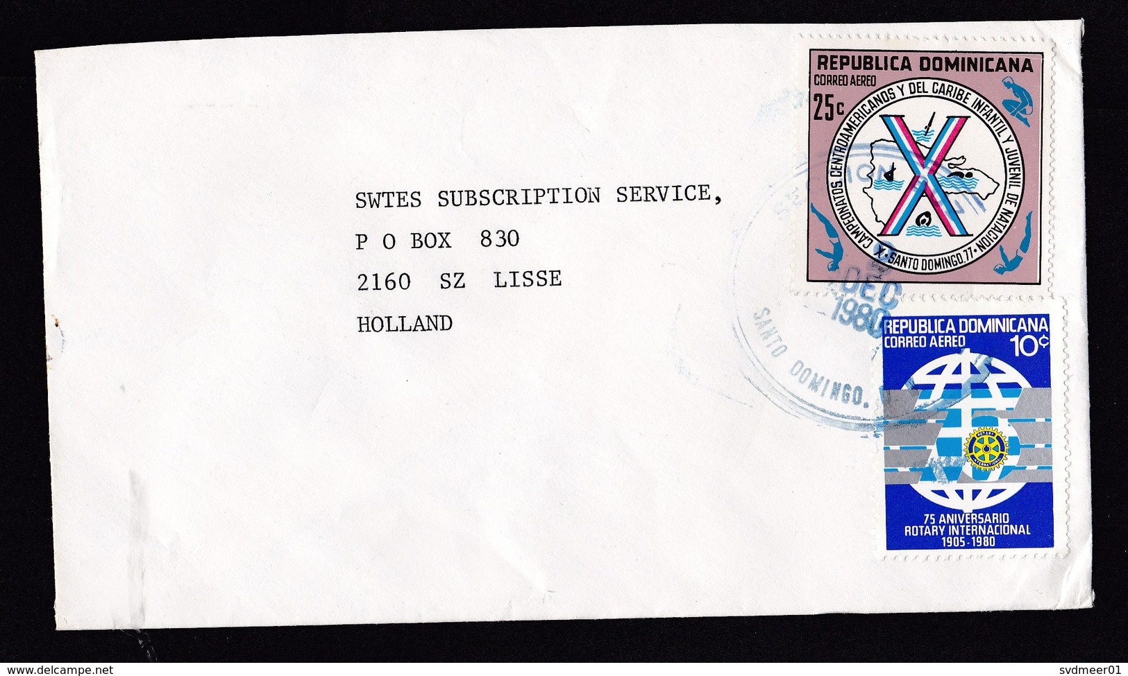 Dominican Republic: Cover To Netherlands, 1980, 2 Stamps, Rotary, Sports, Swimming, Rare Real Use (traces Of Use) - Dominicaanse Republiek