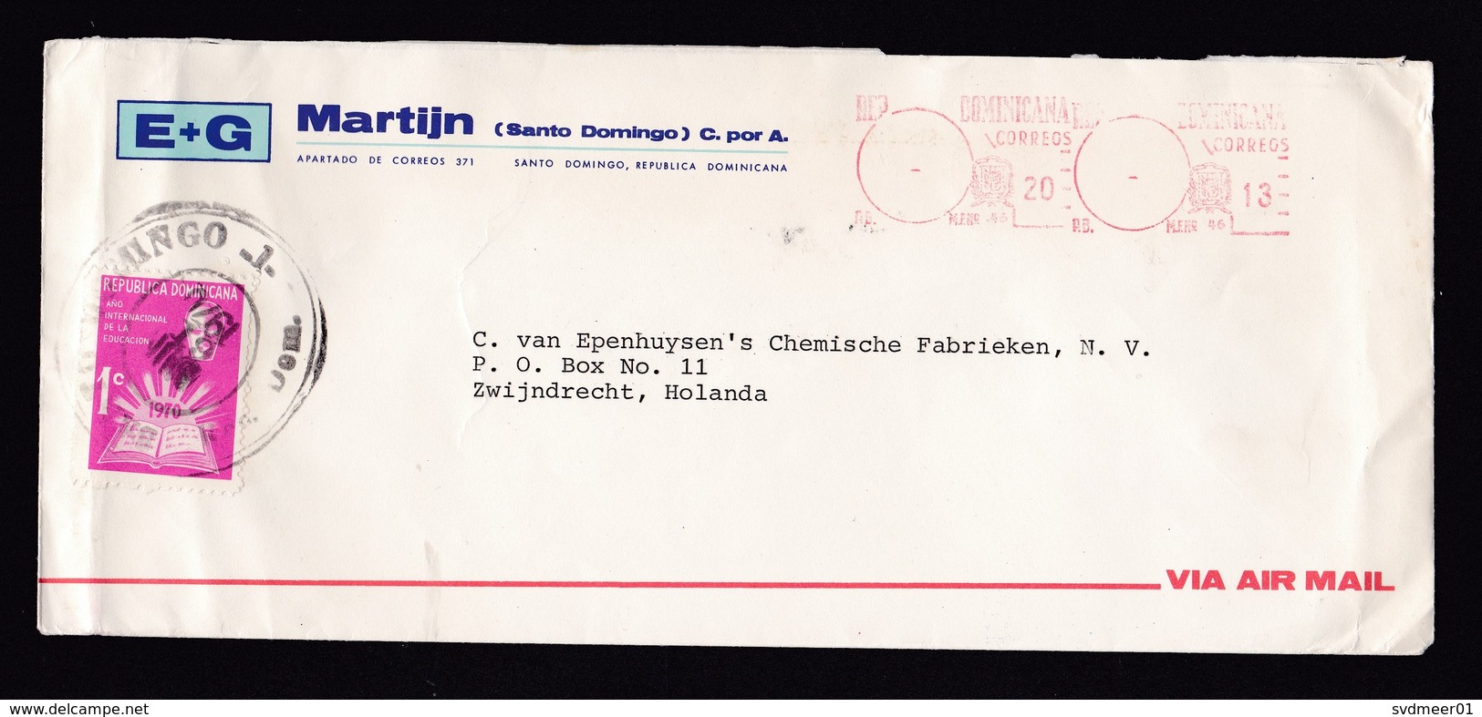 Dominican Republic: Airmail Cover To Netherlands, 1970, 1 Stamp & Meter Cancel, Education, Book (traces Of Use) - República Dominicana