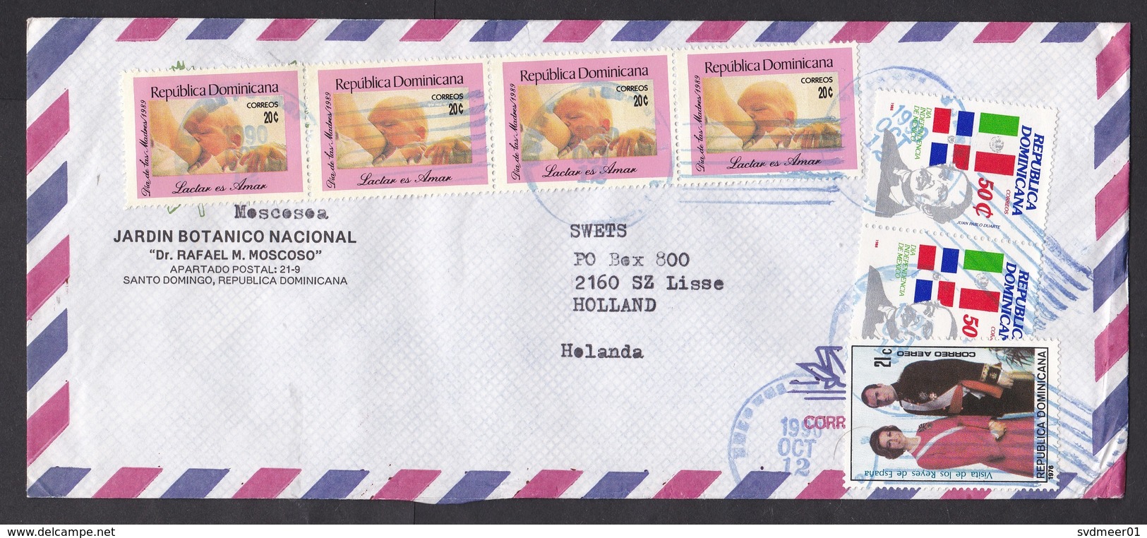 Dominican Republic: Airmail Cover To Netherlands, 1990, 7 Stamps, Baby Breast Feeding, Royal Visit Spain (traces Of Use) - Dominicaanse Republiek