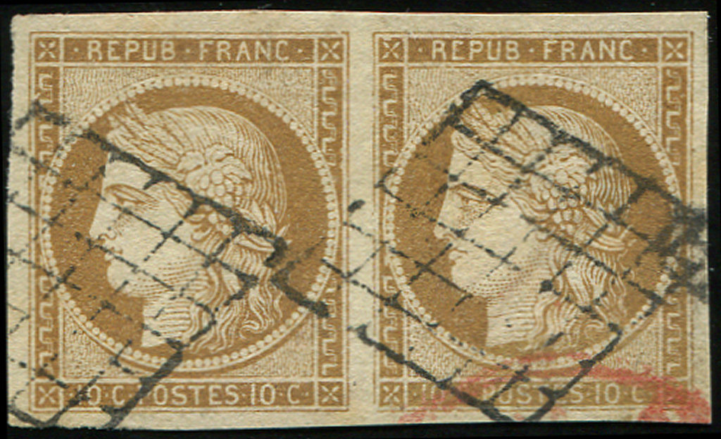 EMISSION DE 18491    10c. Bistre-jaune, PAIRE Obl. GRILLE, Très Bien Margée, TB. J - 1849-1850 Cérès