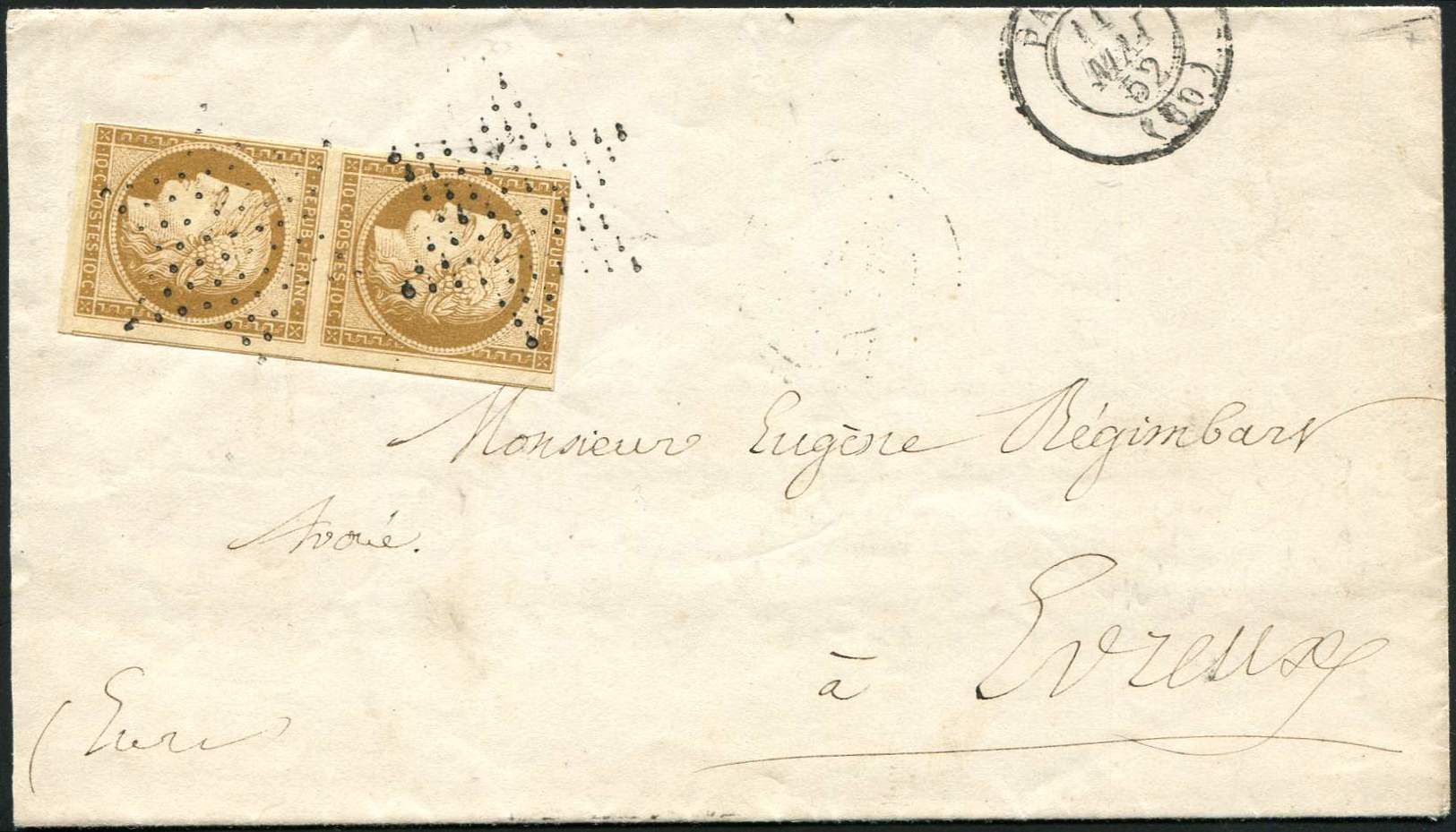 Let EMISSION DE 18491    10c. Bistre Jaune, PAIRE 1 Ex. Touché, Obl. ETOILE PLEINE S. Faire-part, Càd T1302 PARIS 11/5/5 - 1849-1850 Cérès