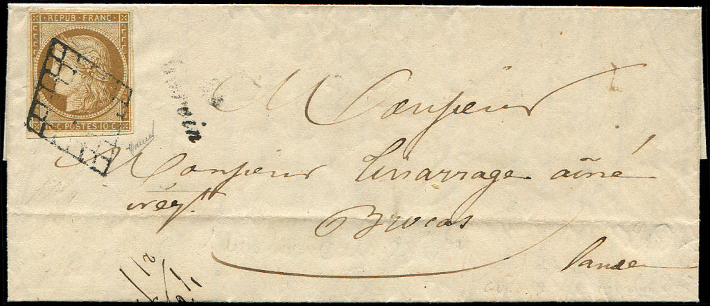 Let EMISSION DE 18491a   10c. Bistre-brun, Obl. GRILLE S. LAC Du 16/11/50, Cursive 39/GAREIN, TB - 1849-1850 Cérès