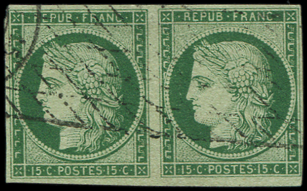 EMISSION DE 18492b   15c. Vert FONCE, PAIRE Obl. GRILLE SANS FIN, Très Frais Et TB. C Et Br, Cote Maury - 1849-1850 Cérès