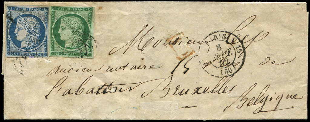 Let EMISSION DE 18492    15c. Vert + N°4 25c. Bleu (défx) Obl. GRILLE SANS FIN S. LAC, Càd PARIS 8/9/52, Pour La BELGIQU - 1849-1850 Cérès