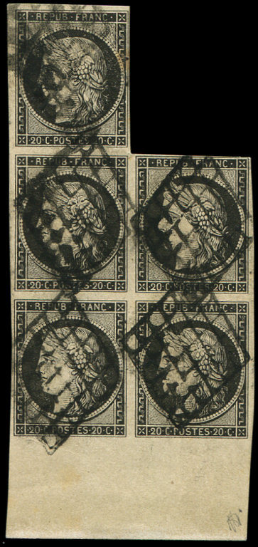 EMISSION DE 18493    20c. Noir Sur Jaune, BLOC De 5 Grand Bord De Feuille, Obl. GRILLE, Cote Du BLOC De 4, TTB. Br - 1849-1850 Cérès