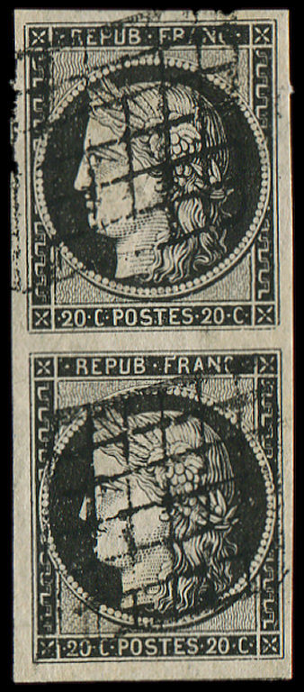 EMISSION DE 18493a   20c. Noir Sur Blanc, PAIRE Verticale Obl. GRILLE, Grandes Marges, TTB, Cote Maury - 1849-1850 Cérès