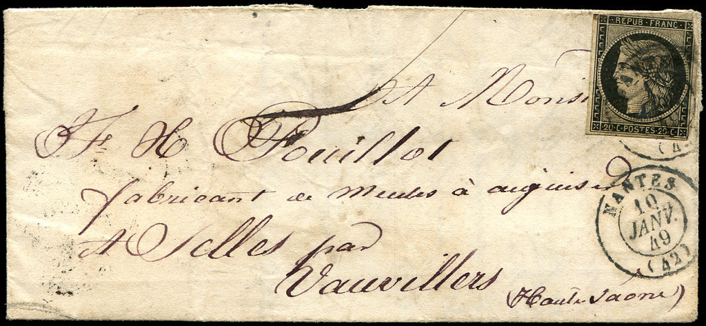 Let EMISSION DE 18493    20c. Noir Sur Jaune, Obl. Càd NANTES 10 JANV 49 S. LAC, Arr. Càd T13 VAUVILLERS 13/1, TB - 1849-1850 Cérès