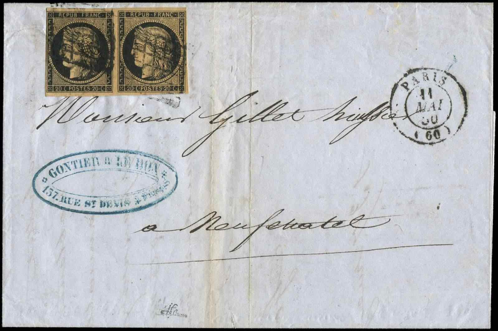 Let EMISSION DE 18493b   20c. Noir Sur CHAMOIS, PAIRE Obl. GRILLE S. LAC, Càd PARIS 11/5/50, T. De G. Effleuré En Angle, - 1849-1850 Cérès