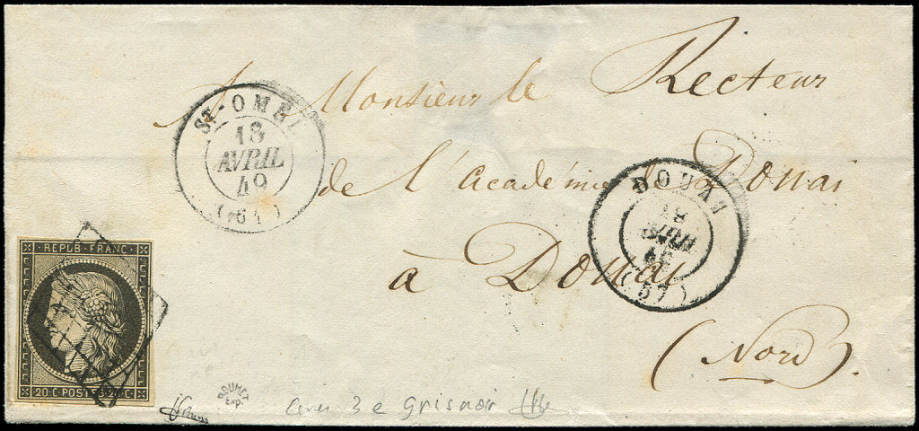 Let EMISSION DE 18493c   20c. GRIS NOIR, Obl. GRILLE S. LSC, Càd T15 ST OMER 18/4/49, Arr. DOUAI, Nuance Certifiée JF Br - 1849-1850 Cérès