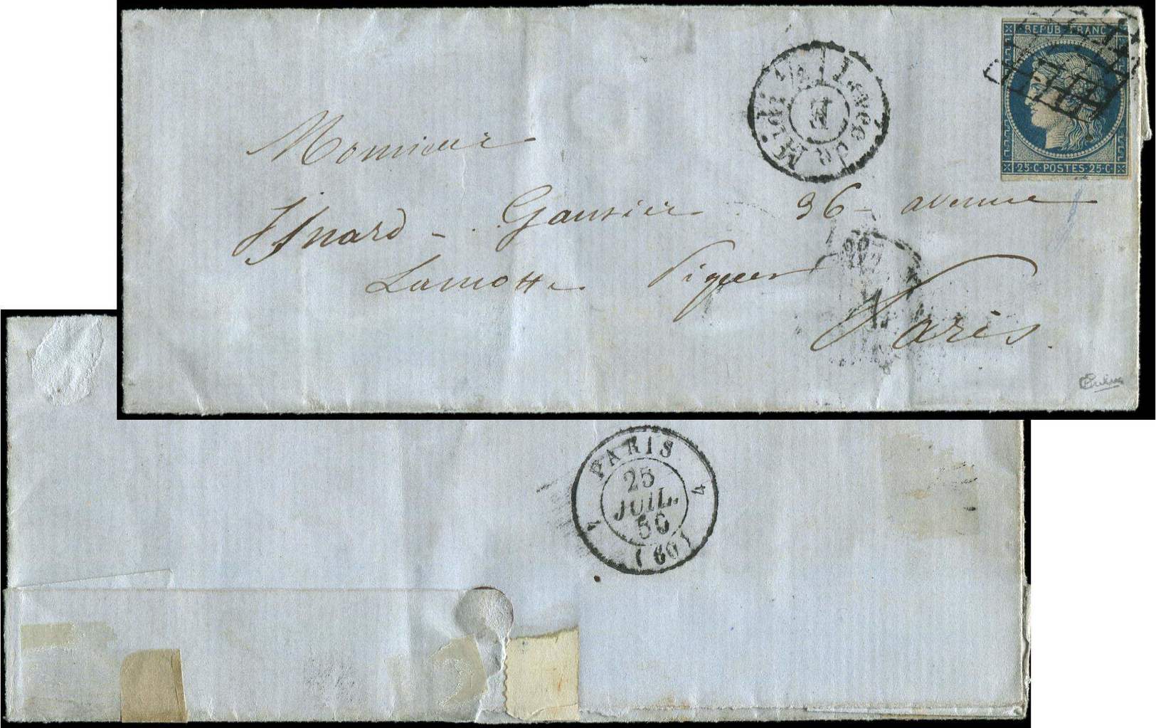 Let EMISSION DE 18494    25c. Bleu, Touché, Obl. GRILLE S. LSC De Paris Pour Paris 25/7/50, RR Cachet LEVEE De MIDI 1/2/ - 1849-1850 Cérès