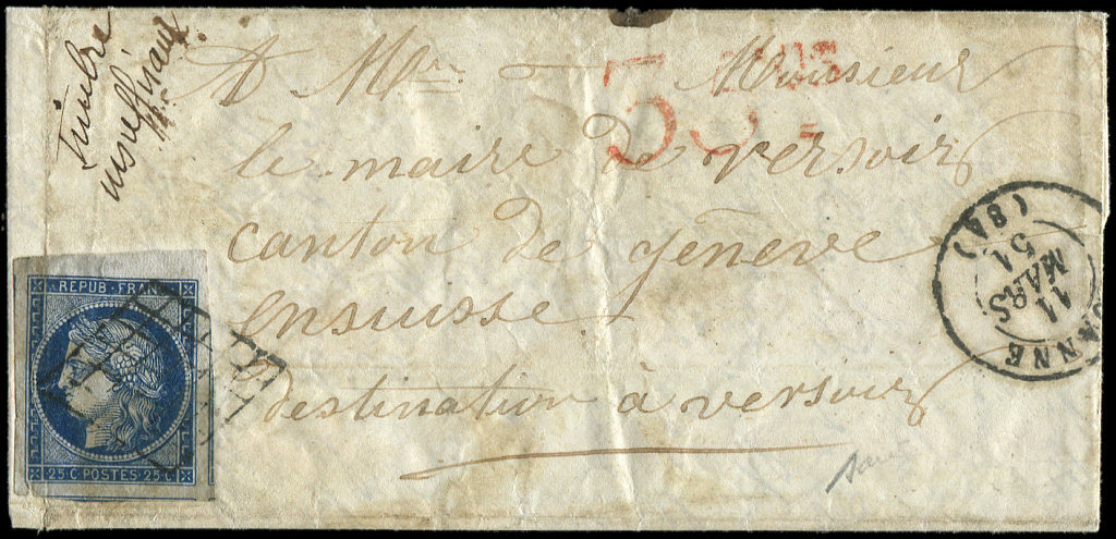 Let EMISSION DE 18494    25c. Bleu, Pli D'archive, Obl. GRILLE S. LAC, Càd T15 ROANNE 11/3/51, "timbre Insuffisant" Et T - 1849-1850 Cérès