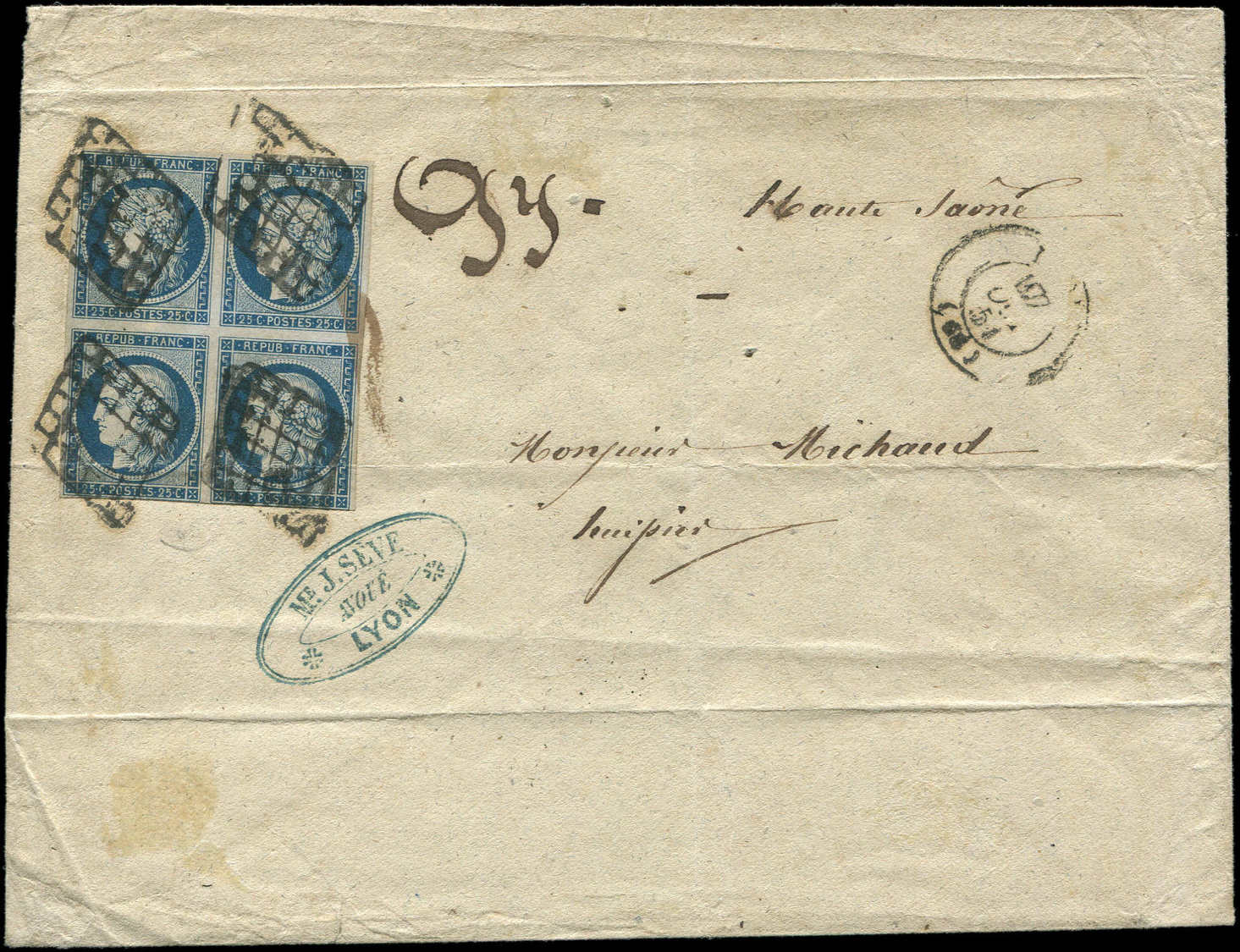 Let EMISSION DE 18494    25c. Bleu, BLOC De 4, 2 Ex. Pli D'archive Dont 1 Touché, Obl. GRILLE S. Env., Càd LYON 17/10/51 - 1849-1850 Cérès