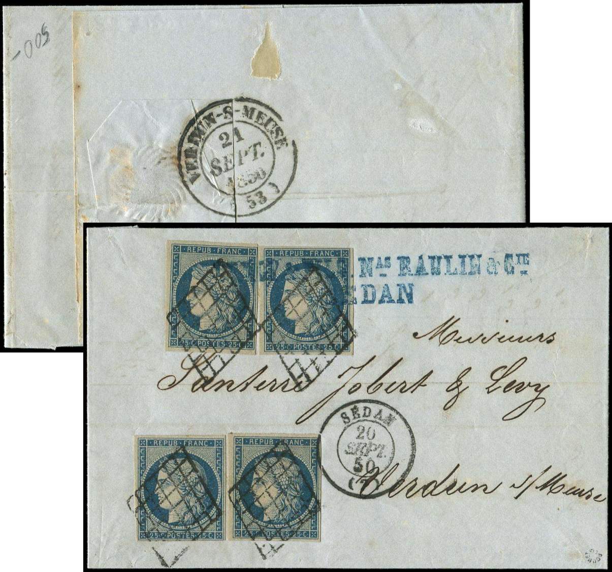 Let EMISSION DE 18494    25c. Bleu, 4 Ex. Obl. GRILLE S. LAC, Càd T15 SEDAN 20/9/50, Superbe - 1849-1850 Cérès