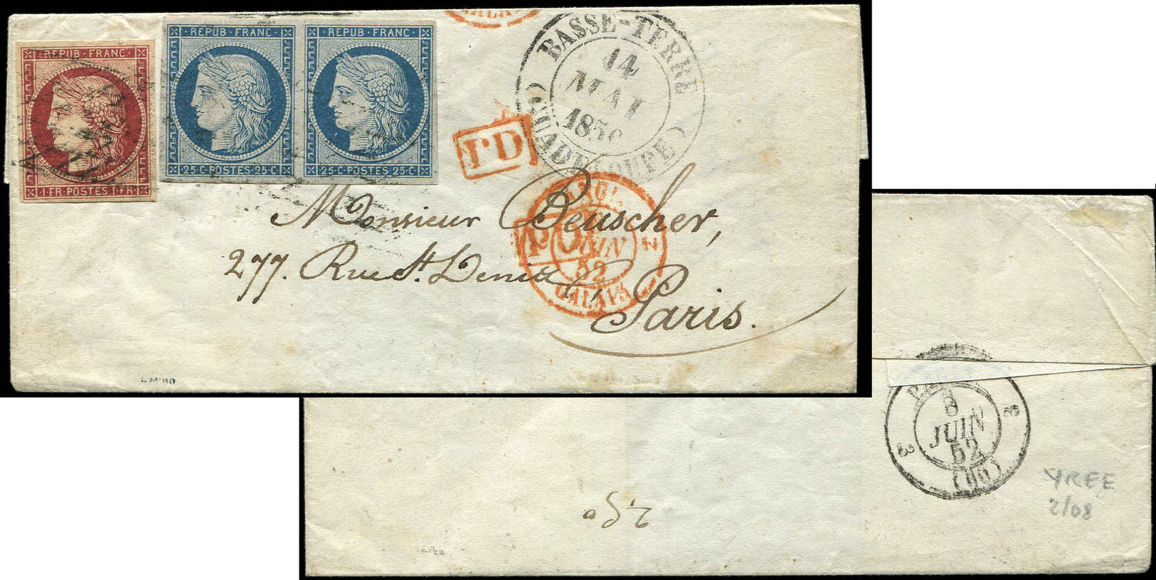 Let EMISSION DE 18494    25c. Bleu PAIRE + N°6 1f. Carmin, Obl. GRILLE SANS FIN S. LSC De BASSE TERRE GUADELOUPE, Càd 14 - 1849-1850 Cérès