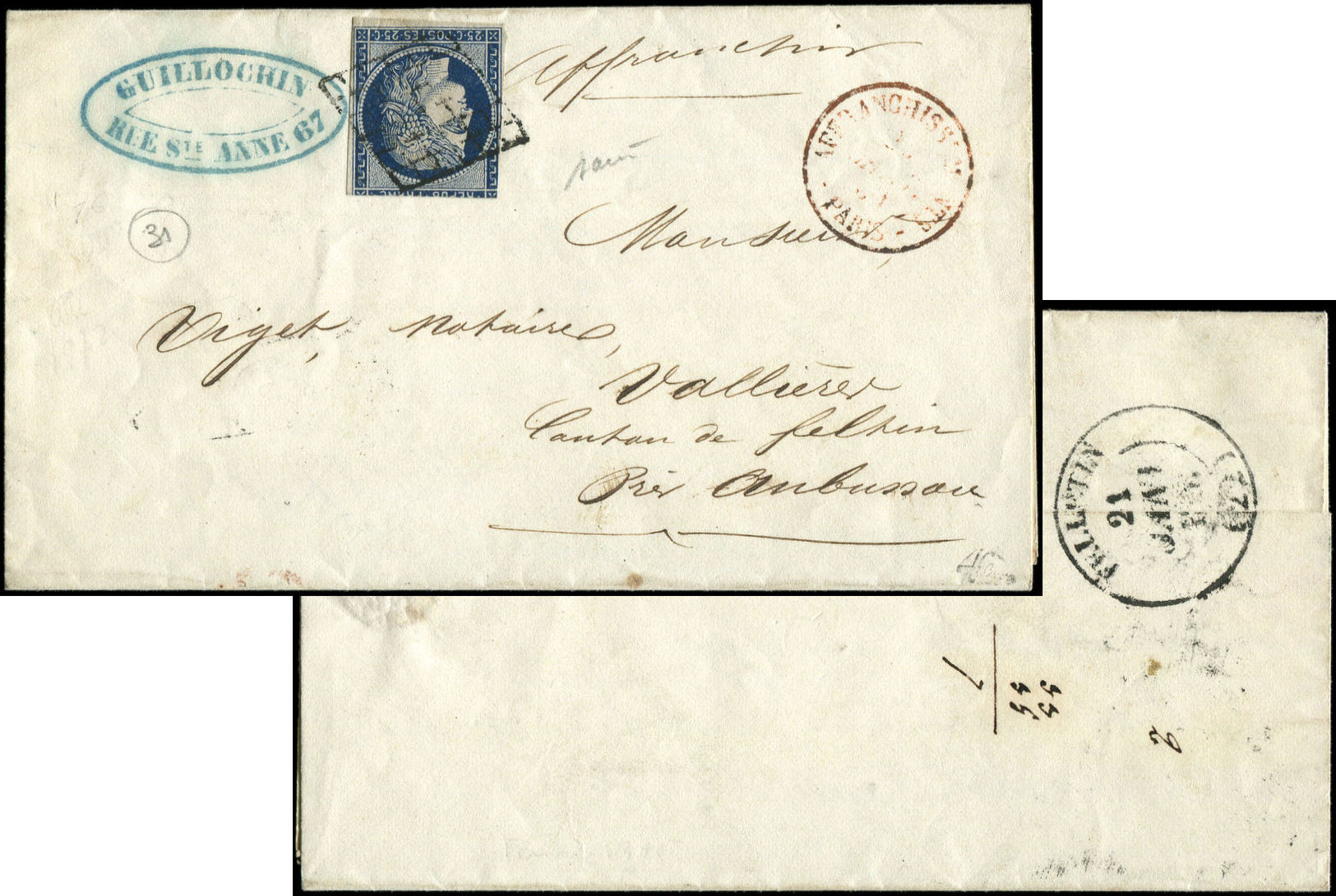 Let EMISSION DE 18494a   25c. Bleu Foncé, Entamé, Obl. GRILLE S. LAC Portant La Mention "à Affranchir". La Lettre A été  - 1849-1850 Cérès