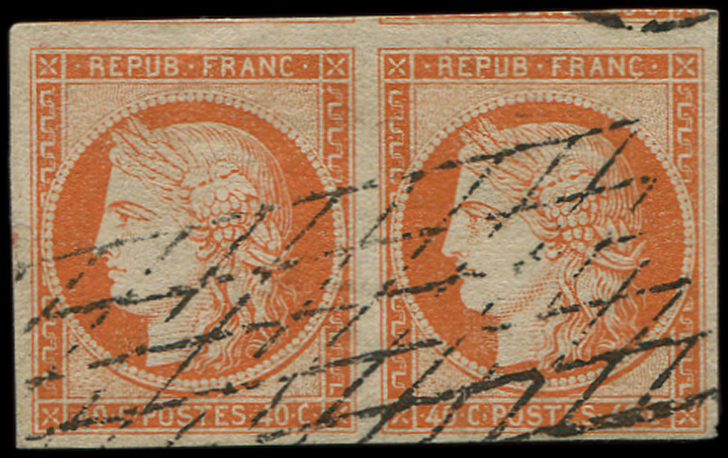EMISSION DE 18495    40c. Orange, PAIRE Obl. GRILLE SANS FIN, Grandes Marges, TTB - 1849-1850 Cérès
