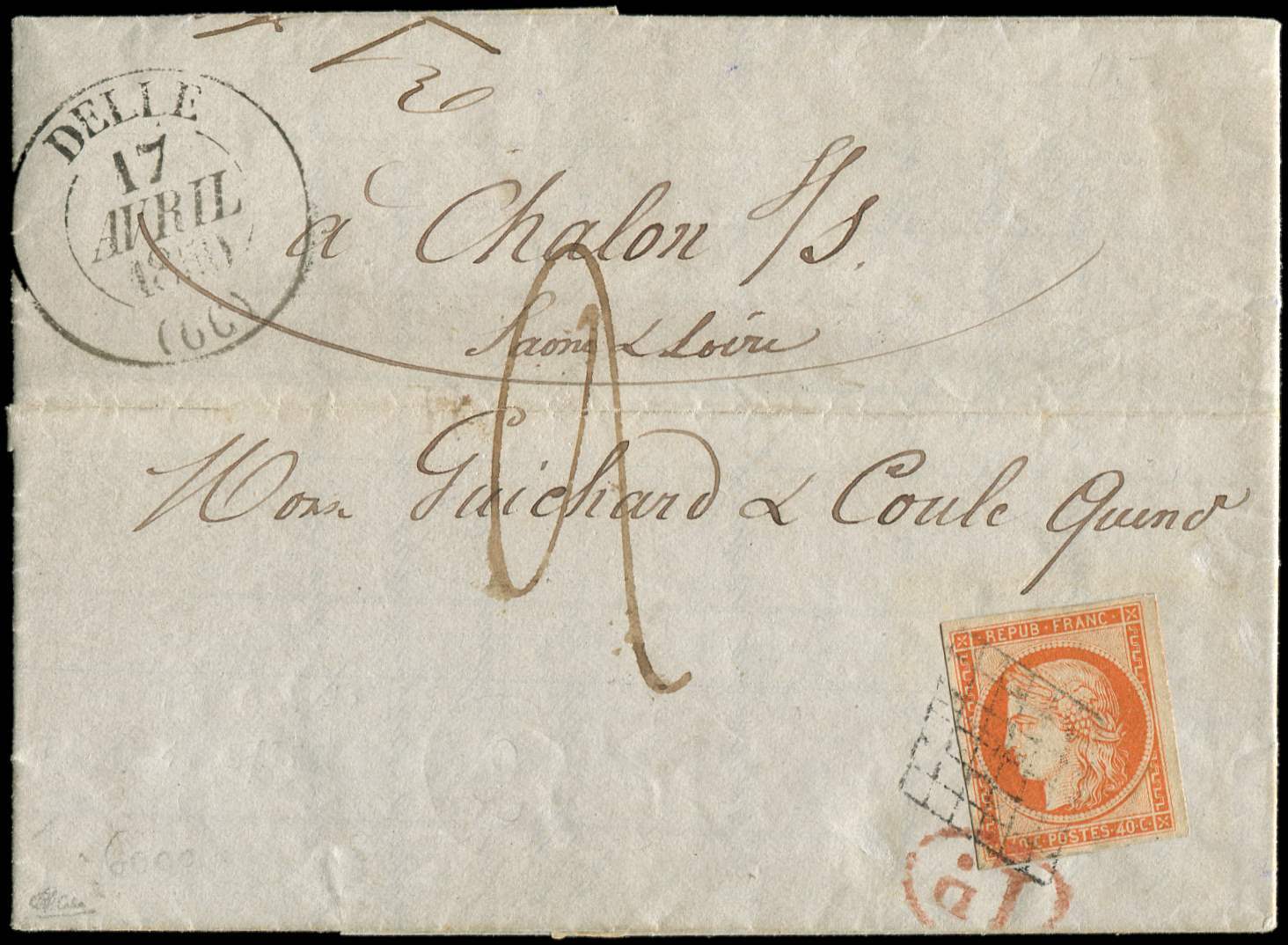 Let EMISSION DE 18495    40c. Orange, Obl. GRILLE S. LAC, Càd T13 DELLE 17/4/50 Et 1d. Dans Un Ovale Rouge, Taxe 2 à La  - 1849-1850 Cérès