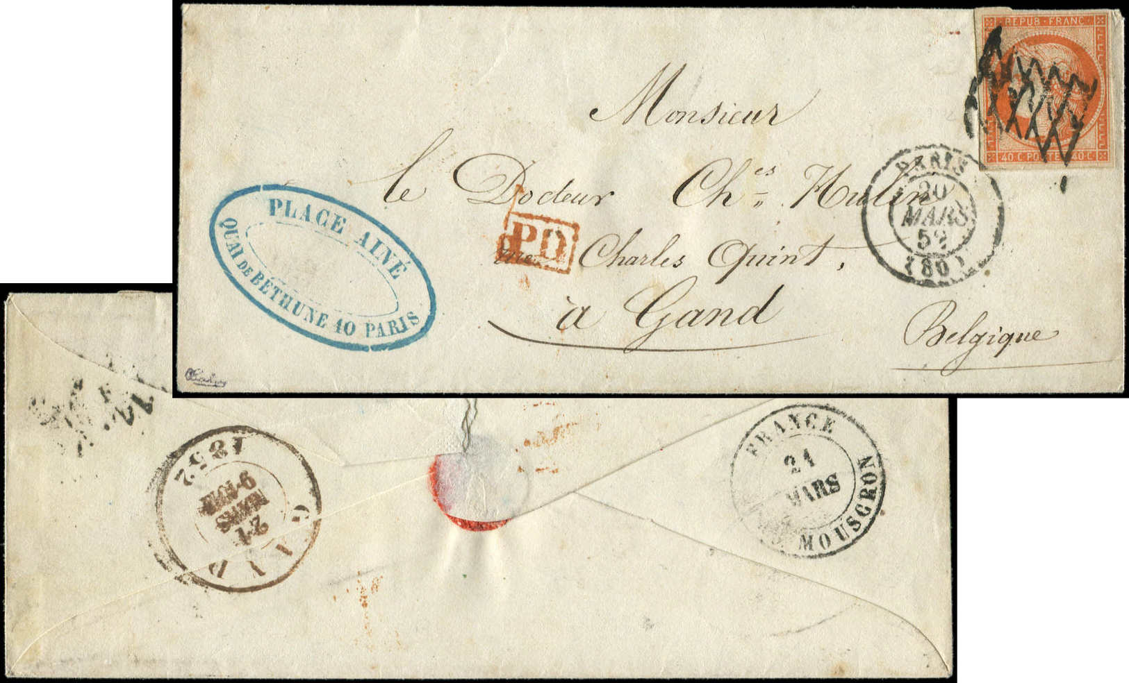 Let EMISSION DE 18495    40c. Orange, Obl. GRILLE SANS FIN S. Env., Càd PARIS 20/3/52, Arr. GAND, TB. C - 1849-1850 Cérès