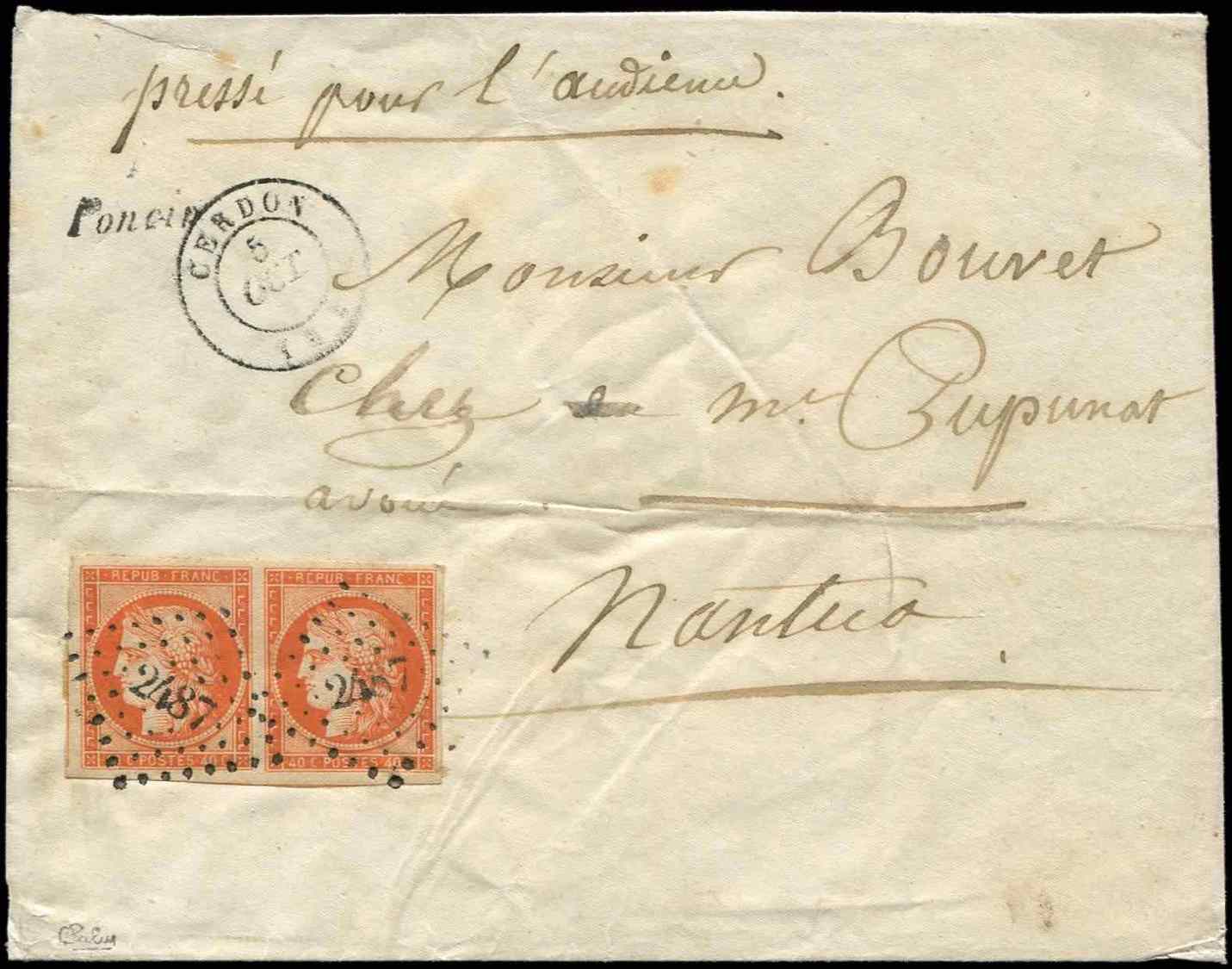 Let EMISSION DE 18495    40c. Orange, PAIRE Oblitérée PC 2487 S. Env., Cursive 1/PONCIN, Càd T15 CERDON 5/10/54, Arrivée - 1849-1850 Cérès