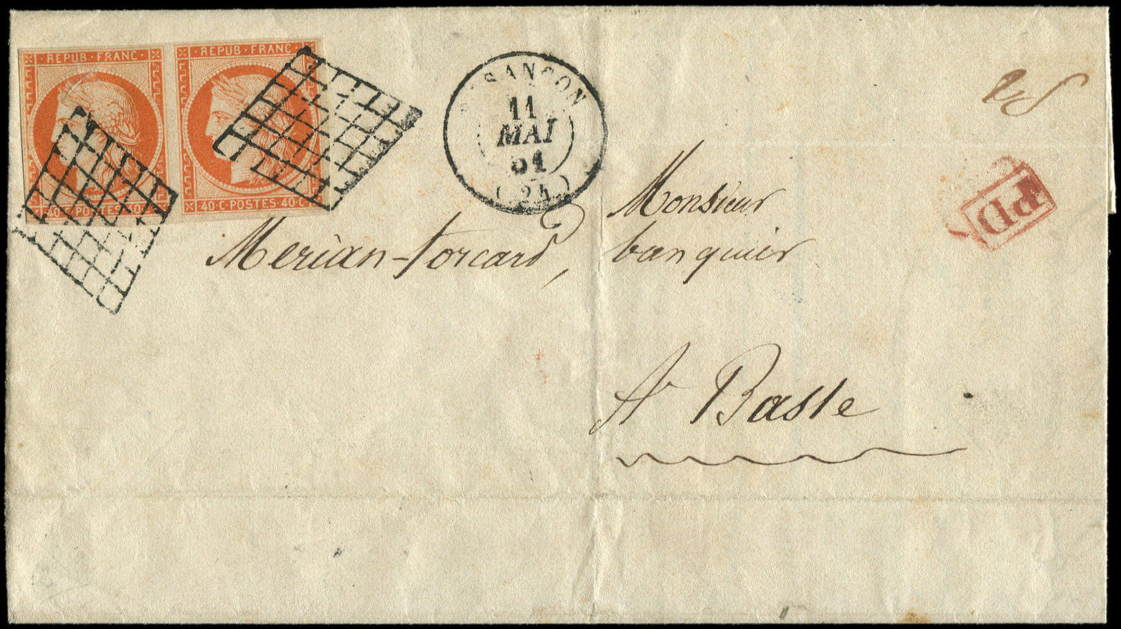 Let EMISSION DE 18495    40c. Orange, PAIRE (1 Ex. Froiss.) Obl. GRILLE S. LSC, Càd T15 BESANCON 11/5/51, Arr. BASEL, Tr - 1849-1850 Cérès