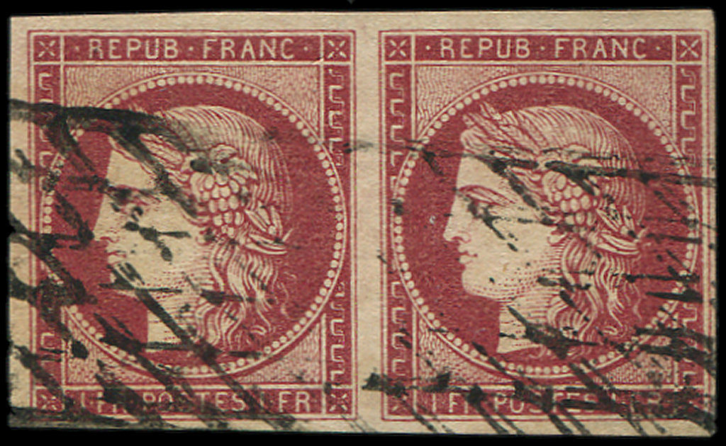 EMISSION DE 18496a    1f. Carmin Clair, PAIRE Obl. GRILLE SANS FIN, TB. J - 1849-1850 Cérès