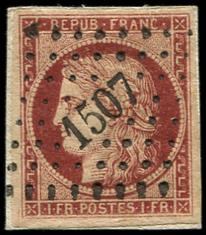 EMISSION DE 18496B    1f. Carmin Brun, Obl. PC 1507 Sur Petit Fragt, Frappe Superbe, TTB - 1849-1850 Cérès