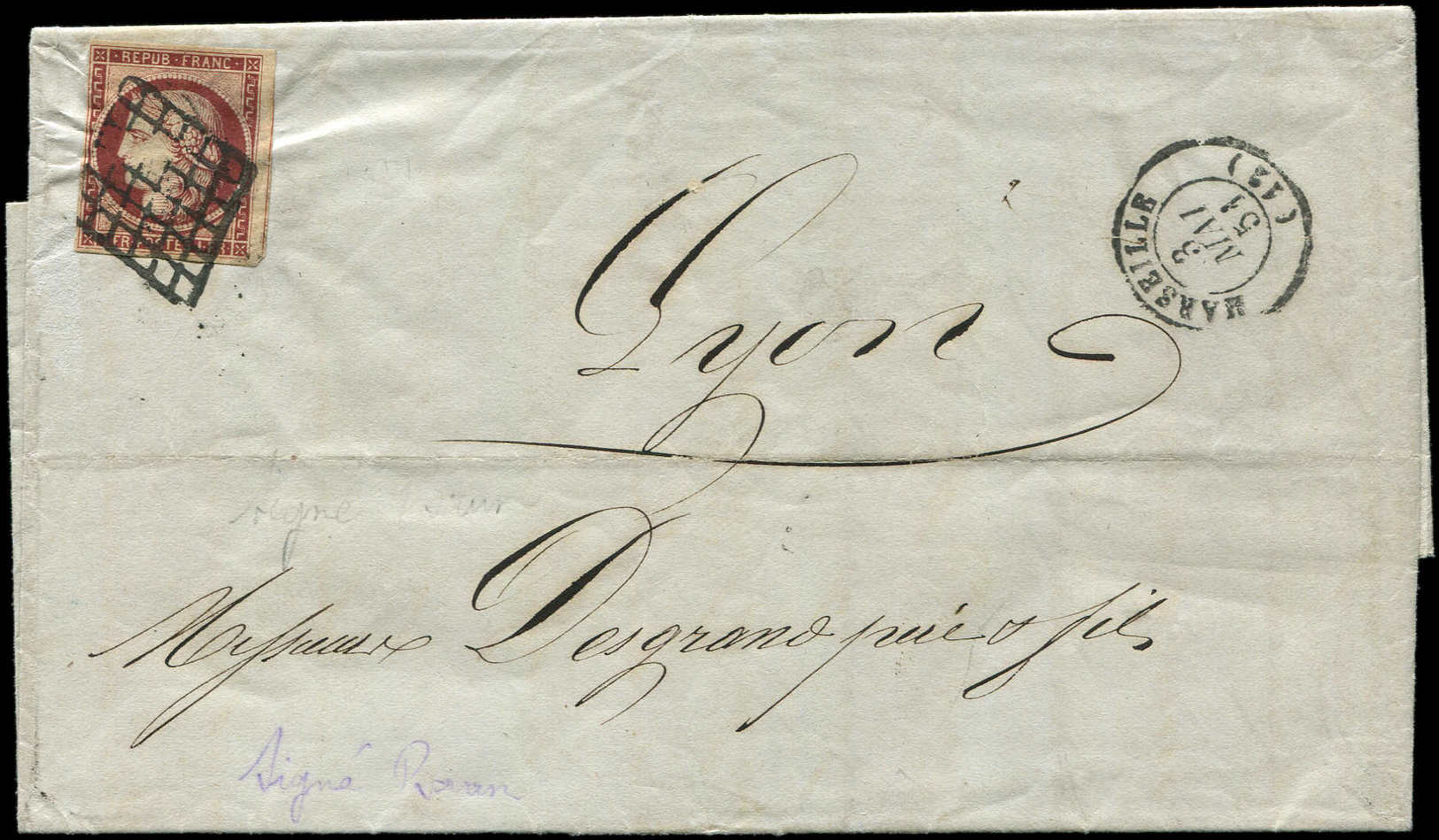 Let EMISSION DE 18496b    1f. Carmin Foncé, Obl. GRILLE S. LAC, Càd T15 MARSEILLE 3/5/51, Arr. LYON 5/5, TB, Cote Maury - 1849-1850 Cérès