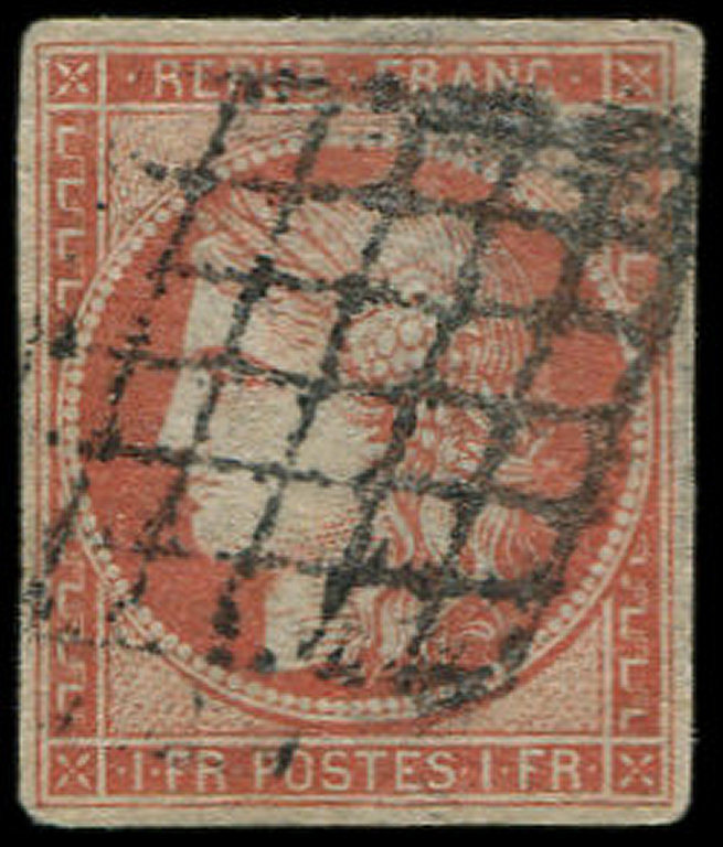 EMISSION DE 18497     1f. VERMILLON, Léger Aminci, Obl. GRILLE, Jolie Nuance, Aspect TB - 1849-1850 Cérès