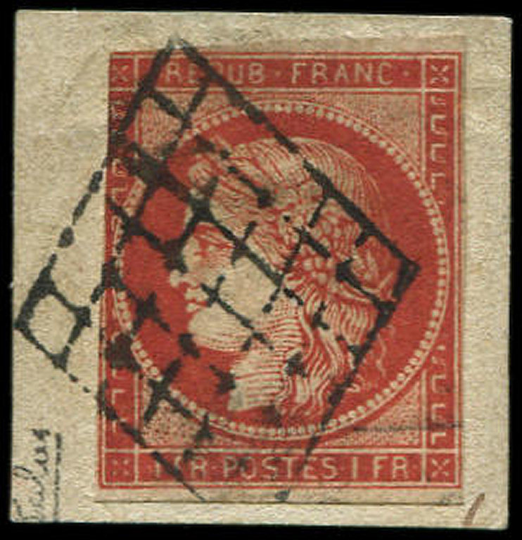EMISSION DE 18497     1f. Vermillon TRES FONCE De Sedan, Obl. S. Fragt, Entamé à Gauche Mais Nuance Exceptionnelle, Supe - 1849-1850 Cérès