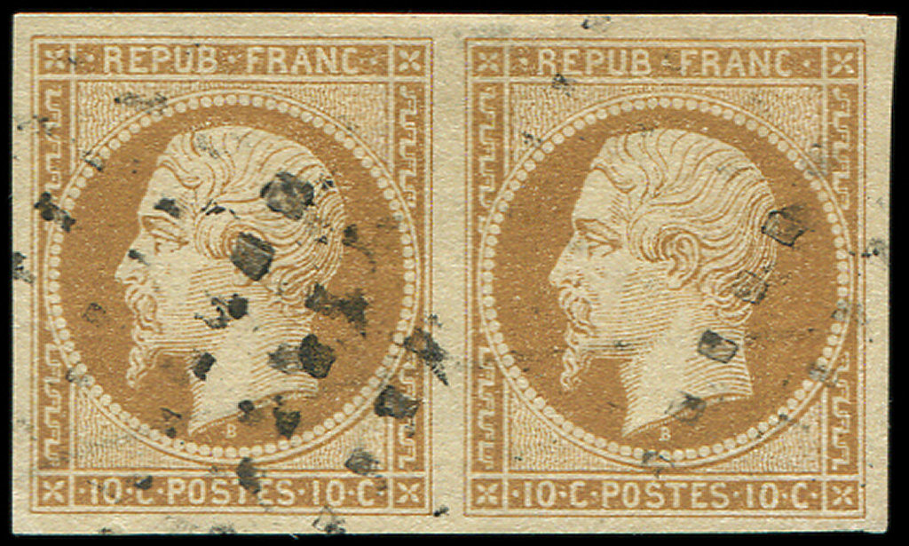 PRESIDENCE9    10c. Bistre-jaune, PAIRE Obl. GROS POINTS, TB. Br - 1852 Louis-Napoléon