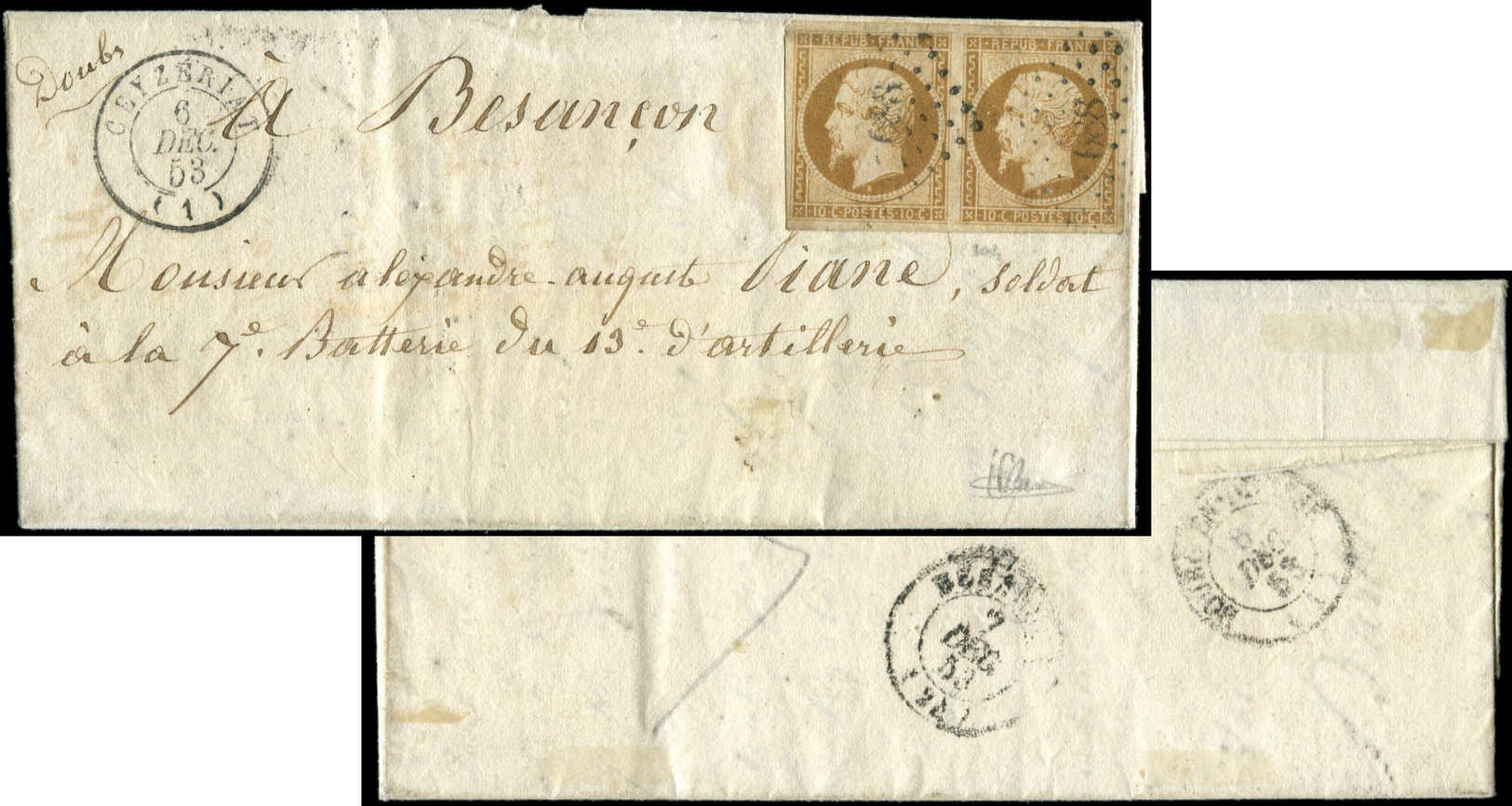 Let PRESIDENCE9    10c. Bistre, PAIRE (pliée En Haut) Obl. PC 688 S. LAC, Càd T15 CEYZERIAT 6/12/53 Adressée à Un Milita - 1852 Louis-Napoléon