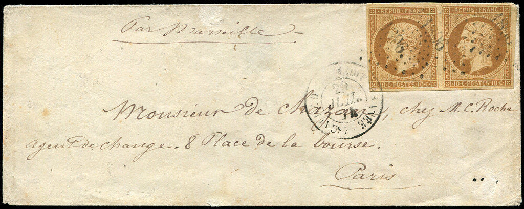 Let PRESIDENCE9a   10c. Bistre Brun, PAIRE Obl. PC 1896 S. Env., Càd ESCADRE DE LA MEDITERRANEE 29/7/54, Arrivée PARIS 3 - 1852 Louis-Napoléon