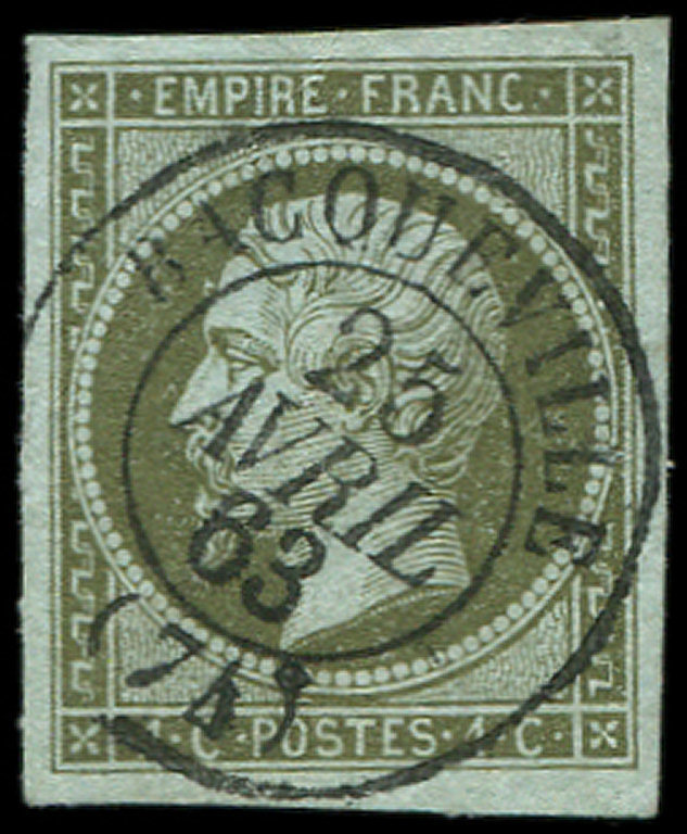 EMPIRE NON DENTELE11    1c. Olive, Obl. Càd T15 BACQUEVILLE 25/4/63, Frappe Superbe - 1853-1860 Napoléon III